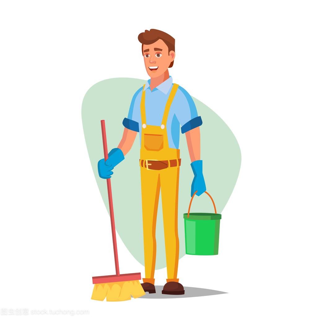 辦公室清潔服務(wù)向量。洗衣機, 掃帚孤立的白色卡通人物插圖