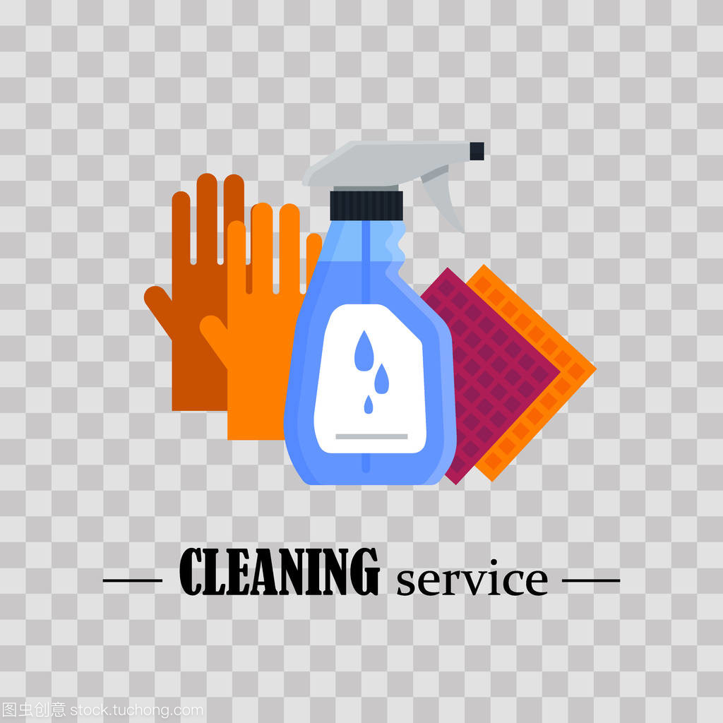 清潔服務。在透明的背景上設置房屋清潔工具。洗滌劑和消毒劑產品, 洗滌用家用設備. 平面矢量圖解